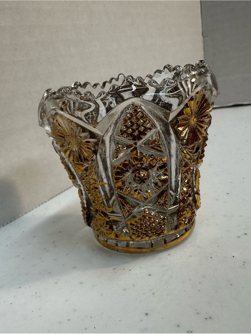Vintage Amber Stained Pressed Glass Toothpick Holder Mini Bud Vase Scalloped Rim